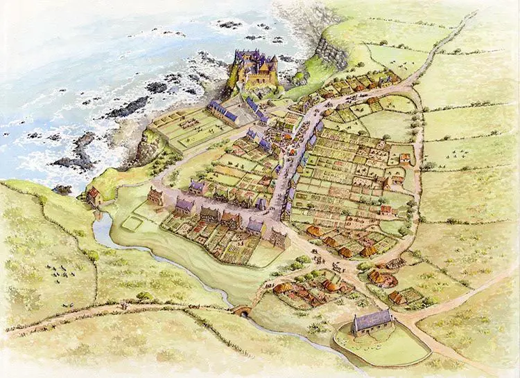Artists impression of Dunluce Castle and old Dunluce Town