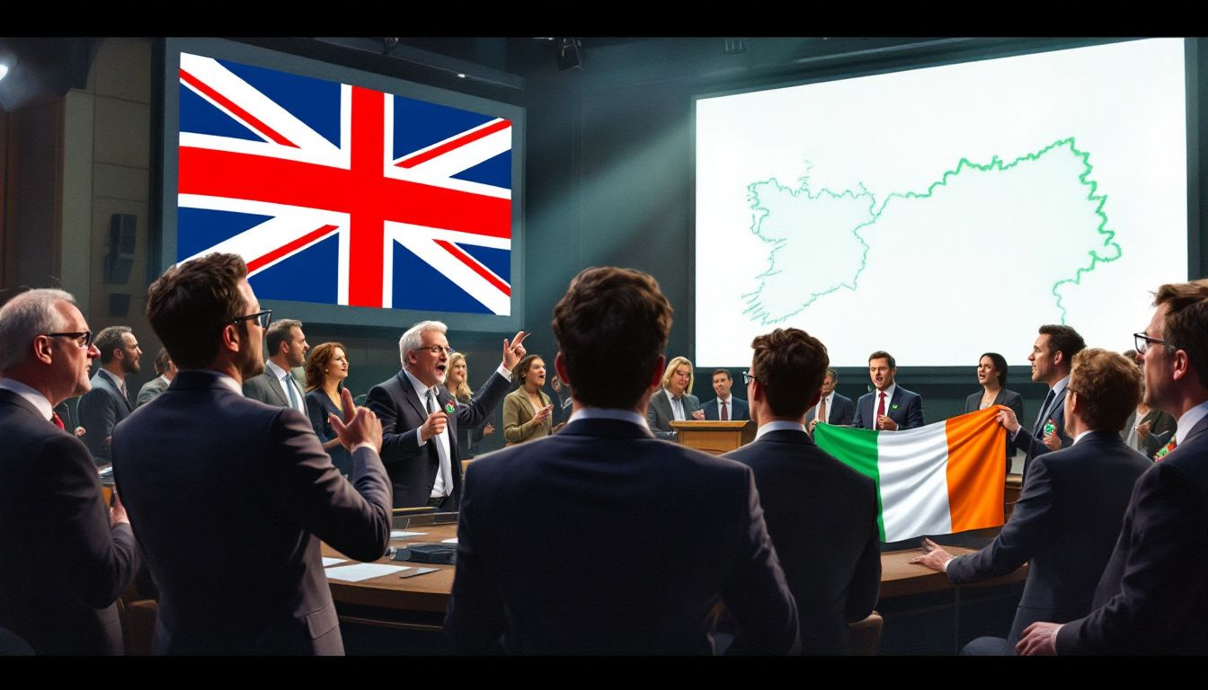 Flags and emblems representing the cultural identity of Northern Ireland and the Republic of Ireland.