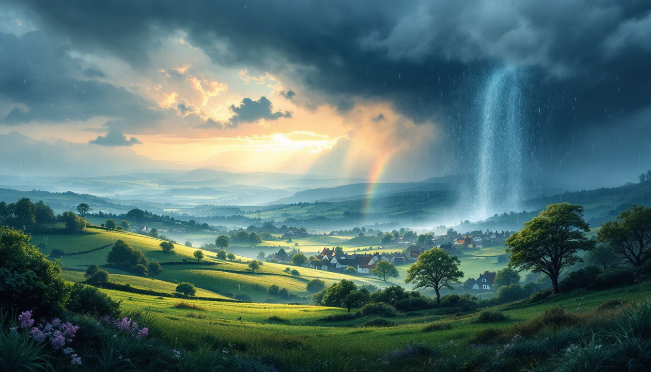 Illustration of precipitation patterns in Ireland, including heavy rain and sunny spells.