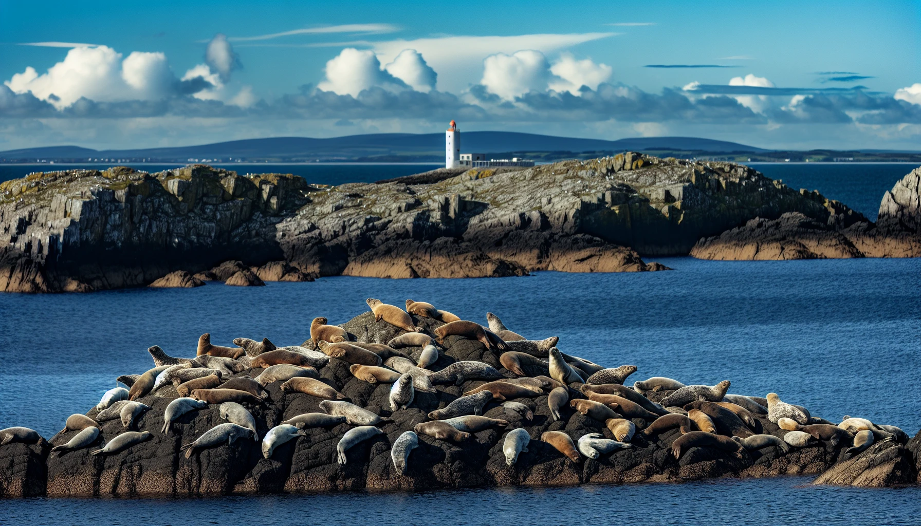 Seals basking on rocks near Rathlin Island with the lighthouse in the distance