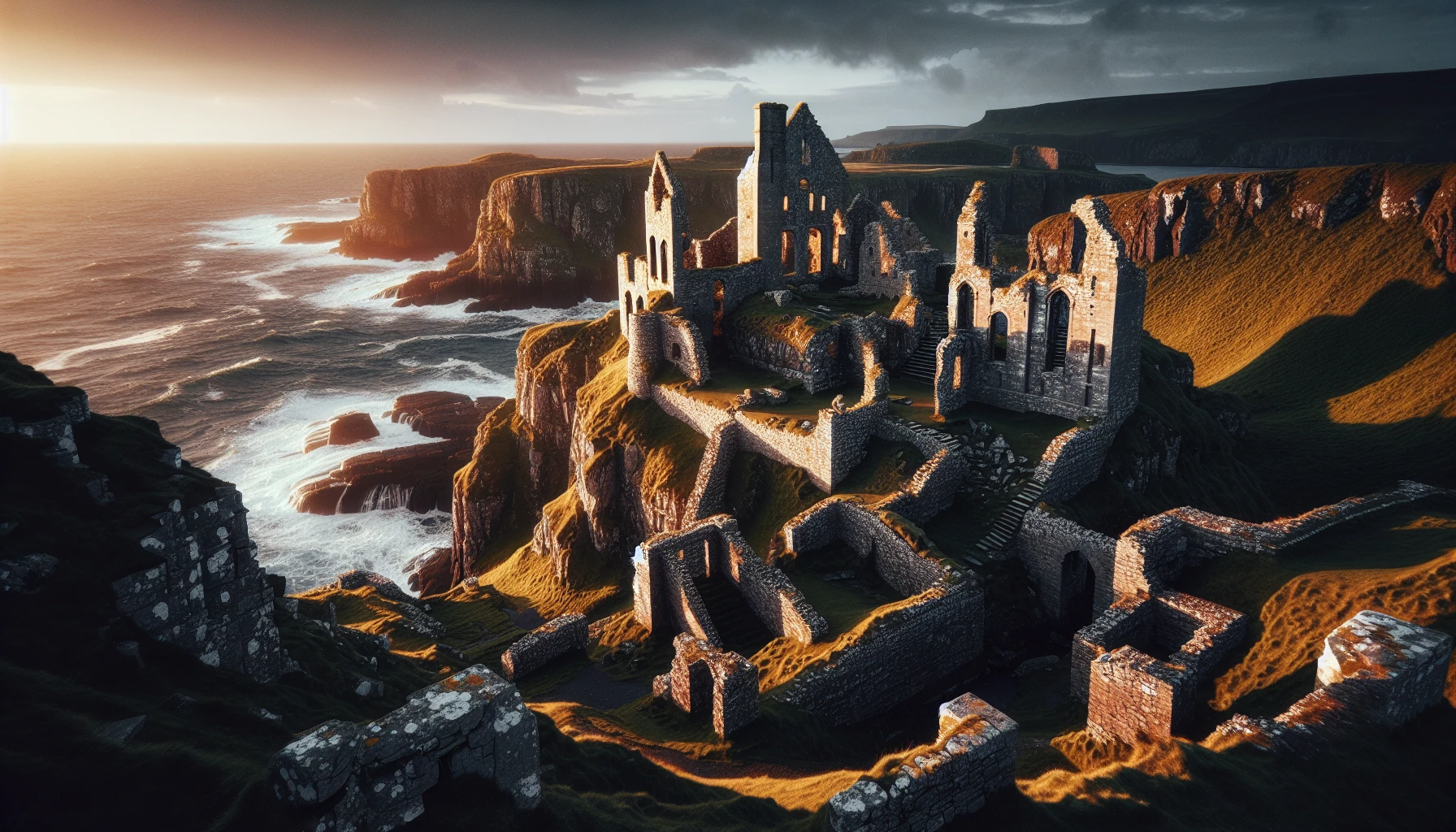 Ancient ruins on Rathlin Island with a view of the rugged coastline and sea
