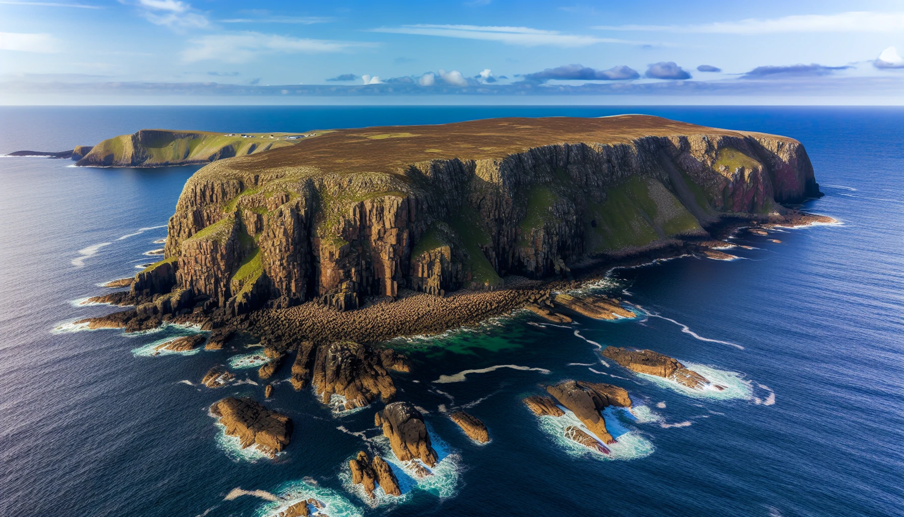 Aerial view of Rathlin Island with stunning coastal cliffs and the Atlantic Ocean