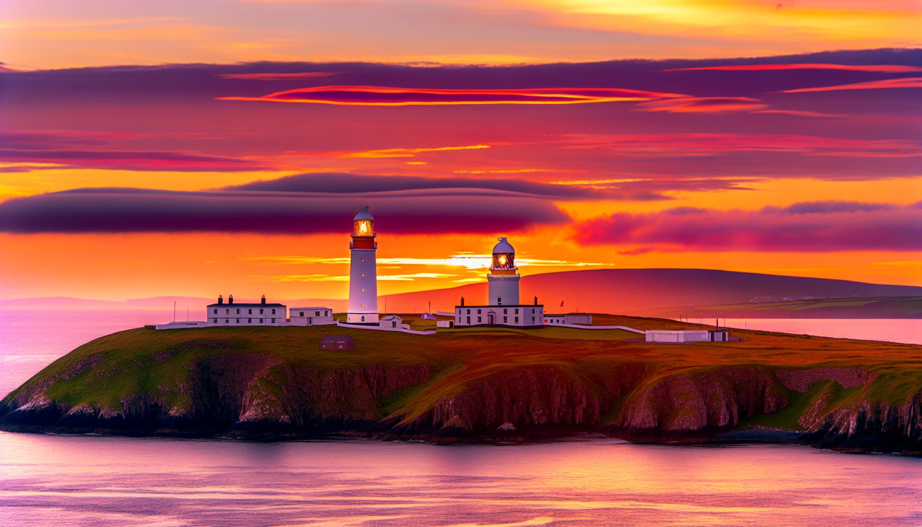 Rathlin Island's lighthouses at sunset with vibrant colors painting the sky