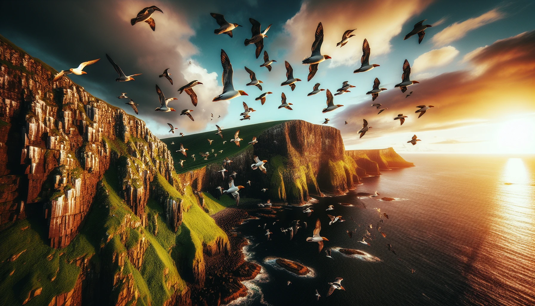 Seabirds soaring above the cliffs of Rathlin Island with the ocean in the background