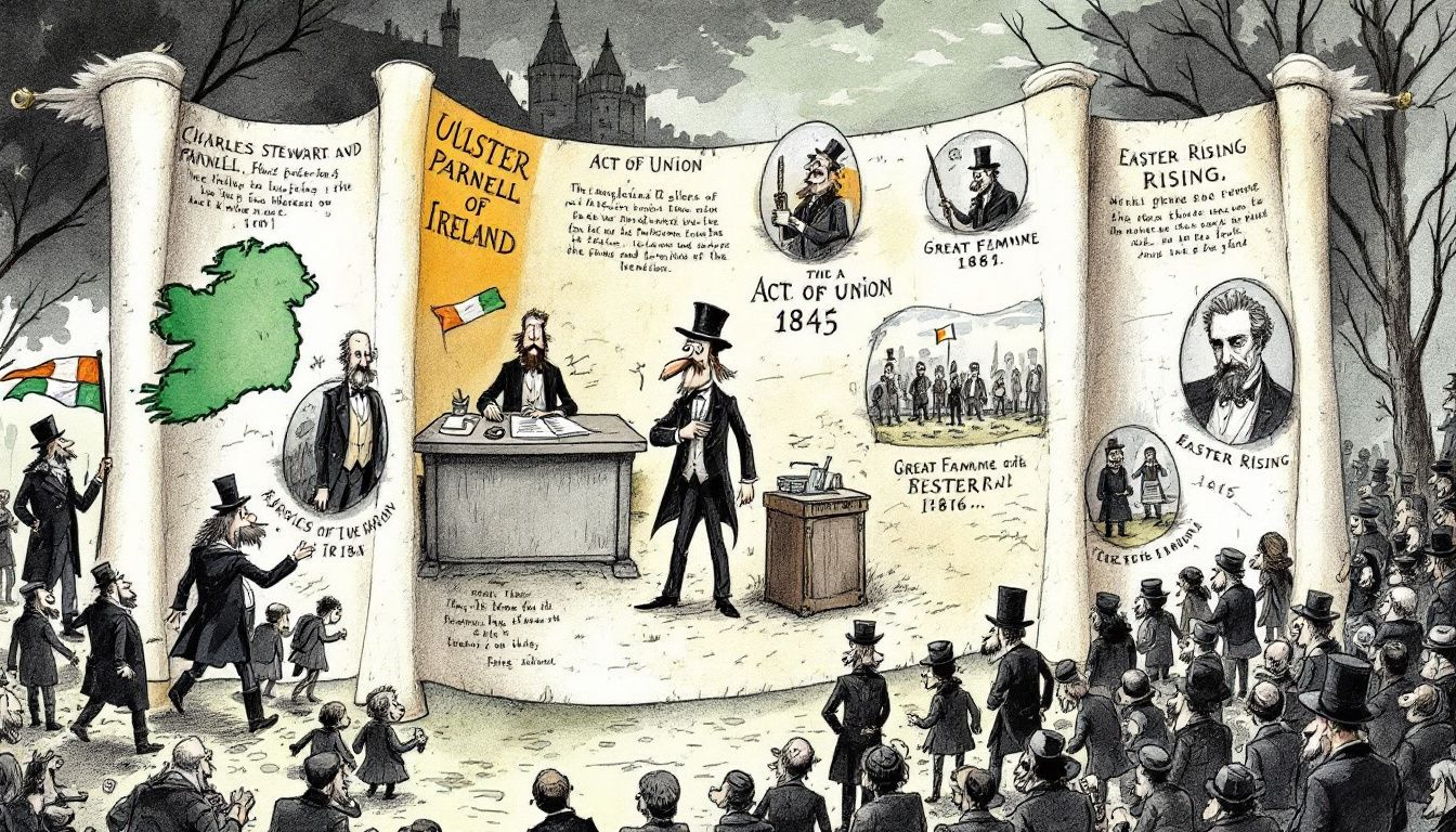 An illustration depicting the historical events leading to the split of Ireland, including key figures and battles.