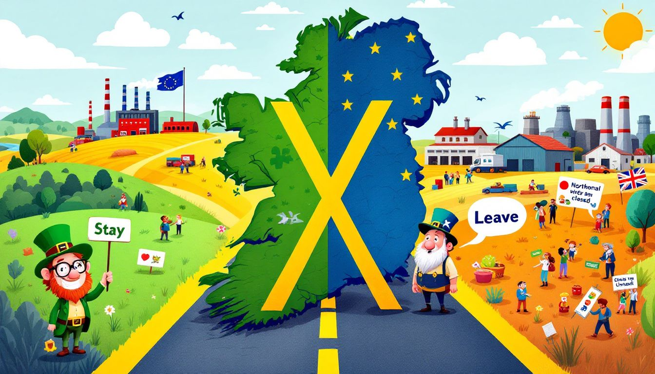 A conceptual image representing the impact of Brexit on Ireland and Northern Ireland, showcasing divided opinions and economic implications.