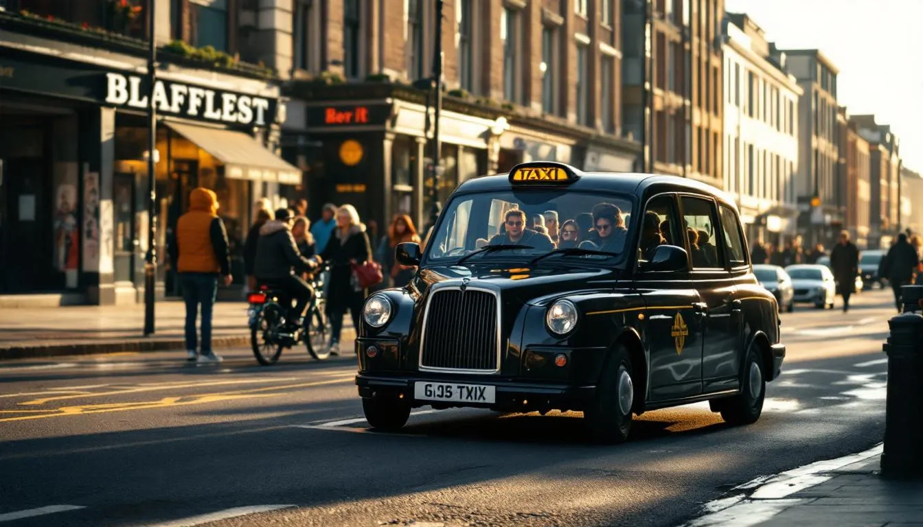 A group of tourists enjoying a black taxi tour in Belfast, exploring the city's rich history.