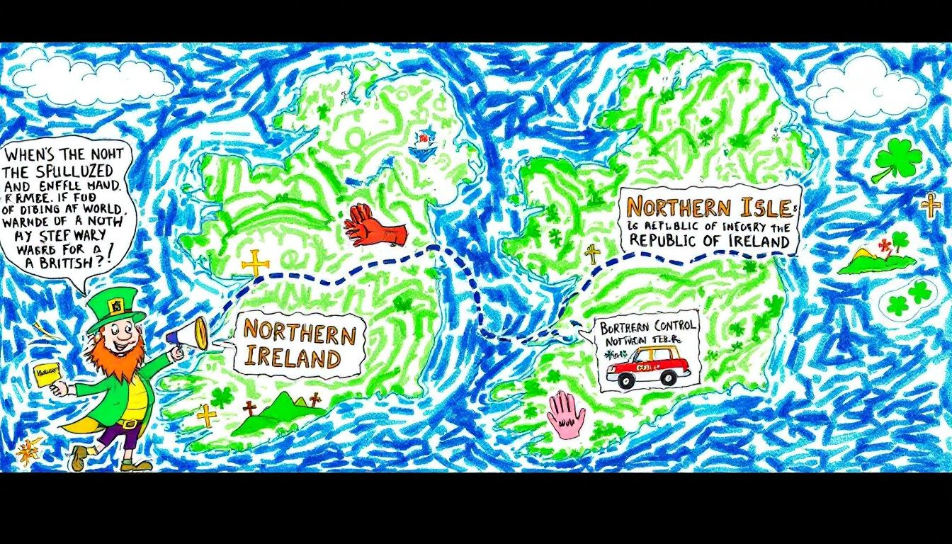 A map showing the division of Ireland into Northern Ireland and the Republic of Ireland, highlighting their geographical and political separation.