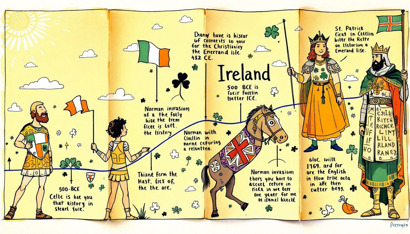 A timeline graphic showcasing key events in Irish history, highlighting the division between Northern Ireland and the Republic of Ireland.
