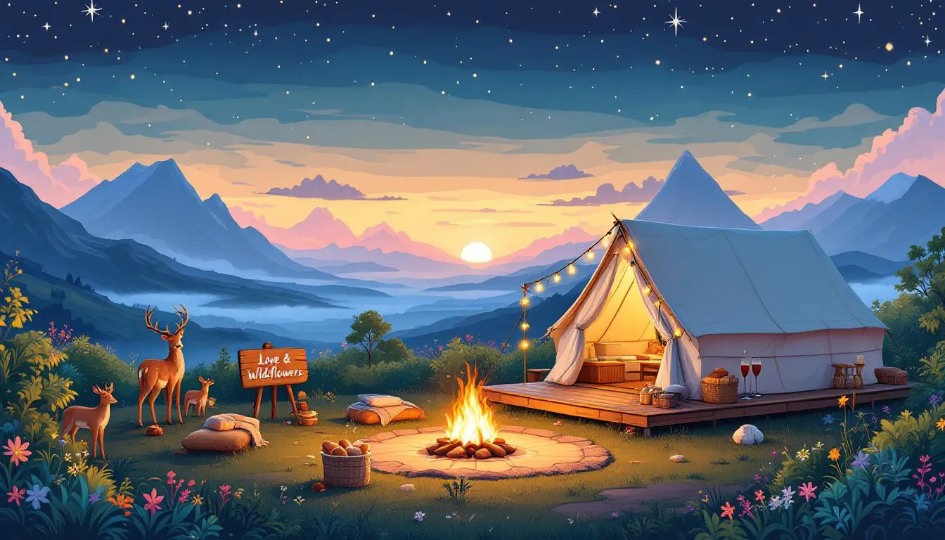 A romantic glamping getaway with stunning views and beautiful accommodations.
