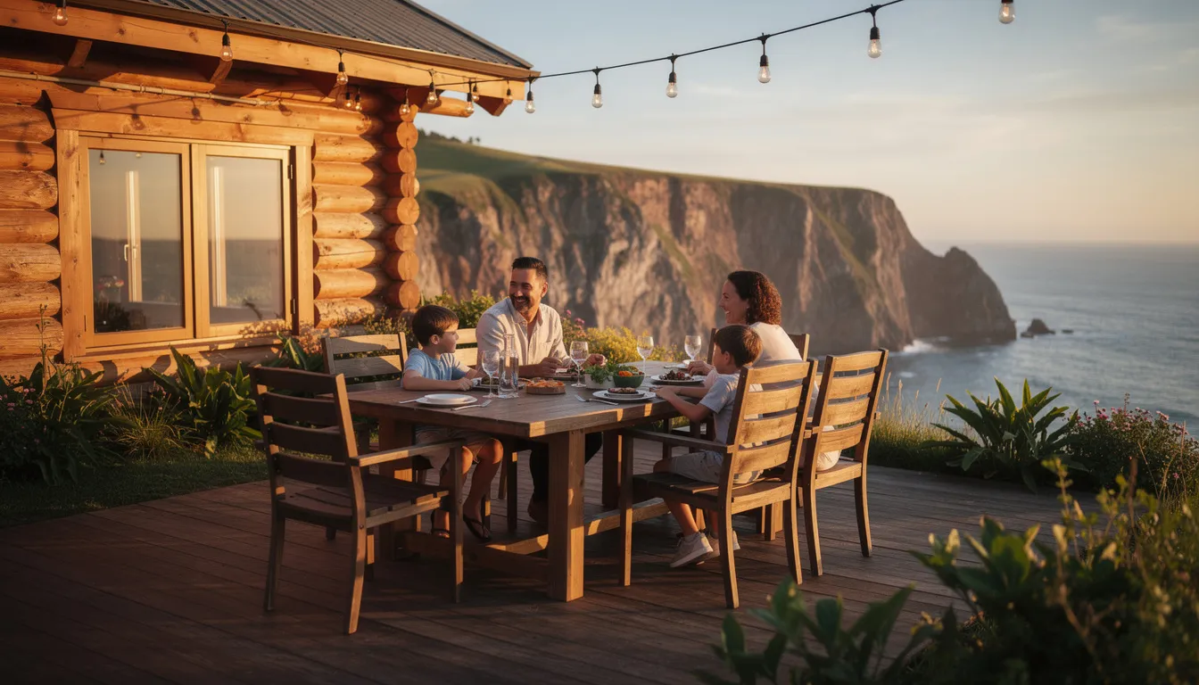 A family is gathered around a rustic outdoor dining area at a log cabin, enjoying a meal while overlooking the stunning coastline of Portrush, with views of the sea and nearby attractions like Whiterocks Beach and Dunluce Castle. The setting offers a perfect blend of natural beauty and comfort, ideal for a relaxing holiday.