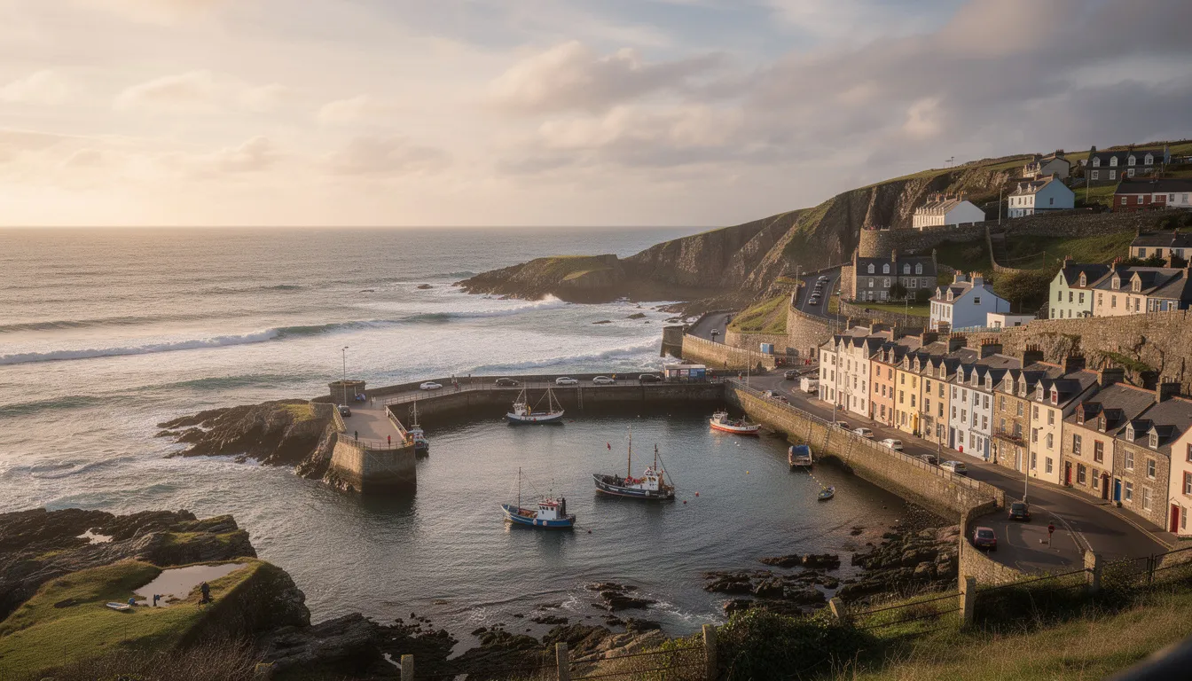 The image depicts a scenic coastal view of Portrush, Northern Ireland, showcasing the charming harbor and traditional buildings that line the waterfront, with the North Atlantic Ocean in the background. This picturesque setting is perfect for visitors looking to explore the nearby attractions such as Dunluce Castle and the Giant's Causeway, while enjoying the relaxed atmosphere and various recreational opportunities the town has to offer.