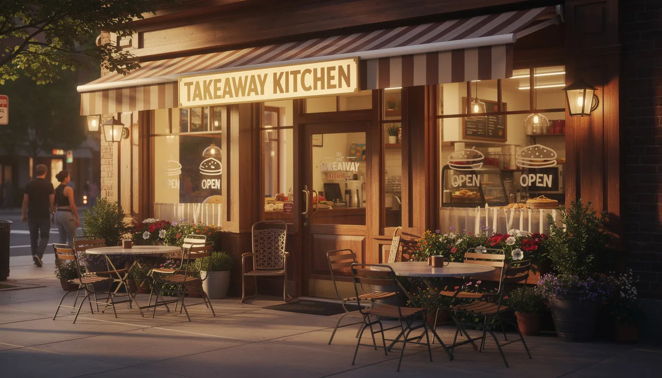 The image shows the exterior of a traditional takeaway restaurant featuring inviting signage and a cozy outdoor seating area, perfect for enjoying food like chicken tenders and chips. The welcoming atmosphere suggests a place where customers can easily place online orders for delivery or dine in on a relaxed Sunday.