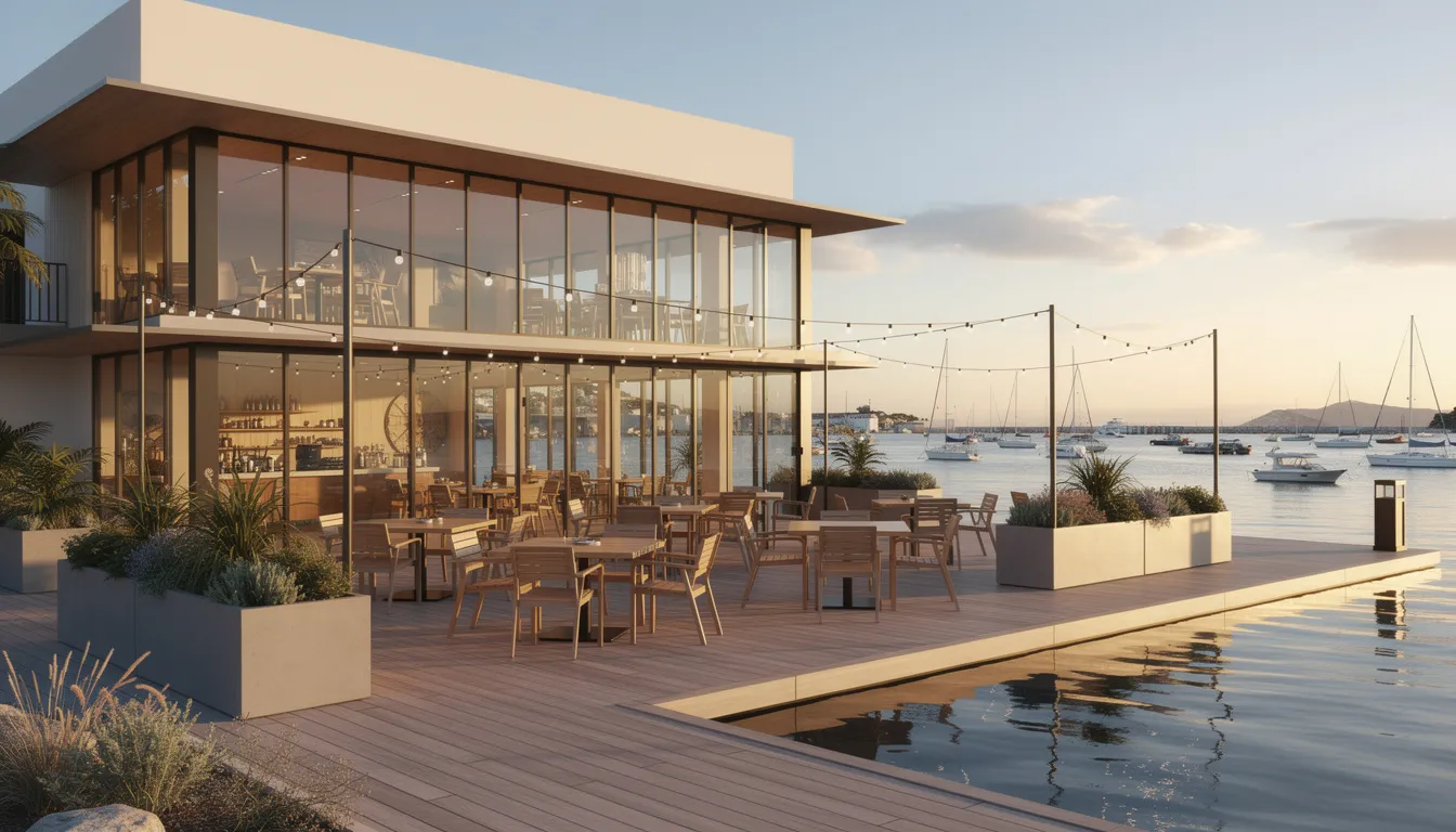 The image depicts a coastal restaurant with large windows offering a scenic view of the harbor, featuring an inviting outdoor seating area. The establishment is perfect for enjoying delicious food like chicken tenders and bacon, with options for online ordering and delivery available.