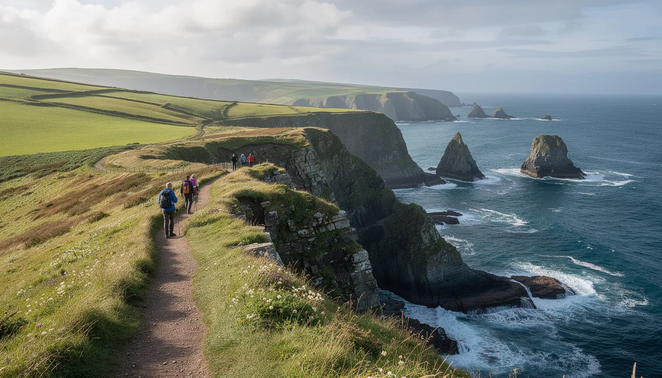 A scenic coastal walking path near Portrush features hikers enjoying breathtaking views of the rugged Northern Ireland coastline, with the iconic Dunluce Castle visible in the distance. This area offers various recreational opportunities and is a perfect destination for those looking to explore the beautiful Causeway Coast.
