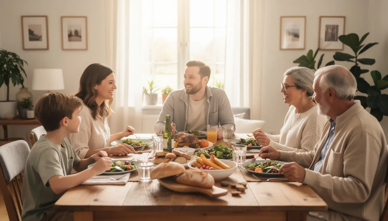 A family is gathered around a table, enjoying a delicious Sunday lunch featuring a Sunday carvery with all the trimmings. The atmosphere is warm and inviting, perfect for a special occasion filled with great food and laughter.