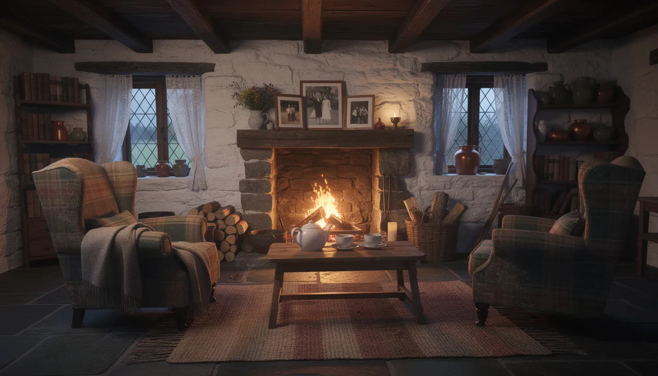 The image depicts the cozy interior of a traditional Irish cottage, featuring a warm fireplace and a comfortable seating area, perfect for families or groups of up to six guests. This charming space offers an inviting atmosphere, ideal for a relaxing stay near the Causeway Coast and popular attractions like the iconic Giant's Causeway.