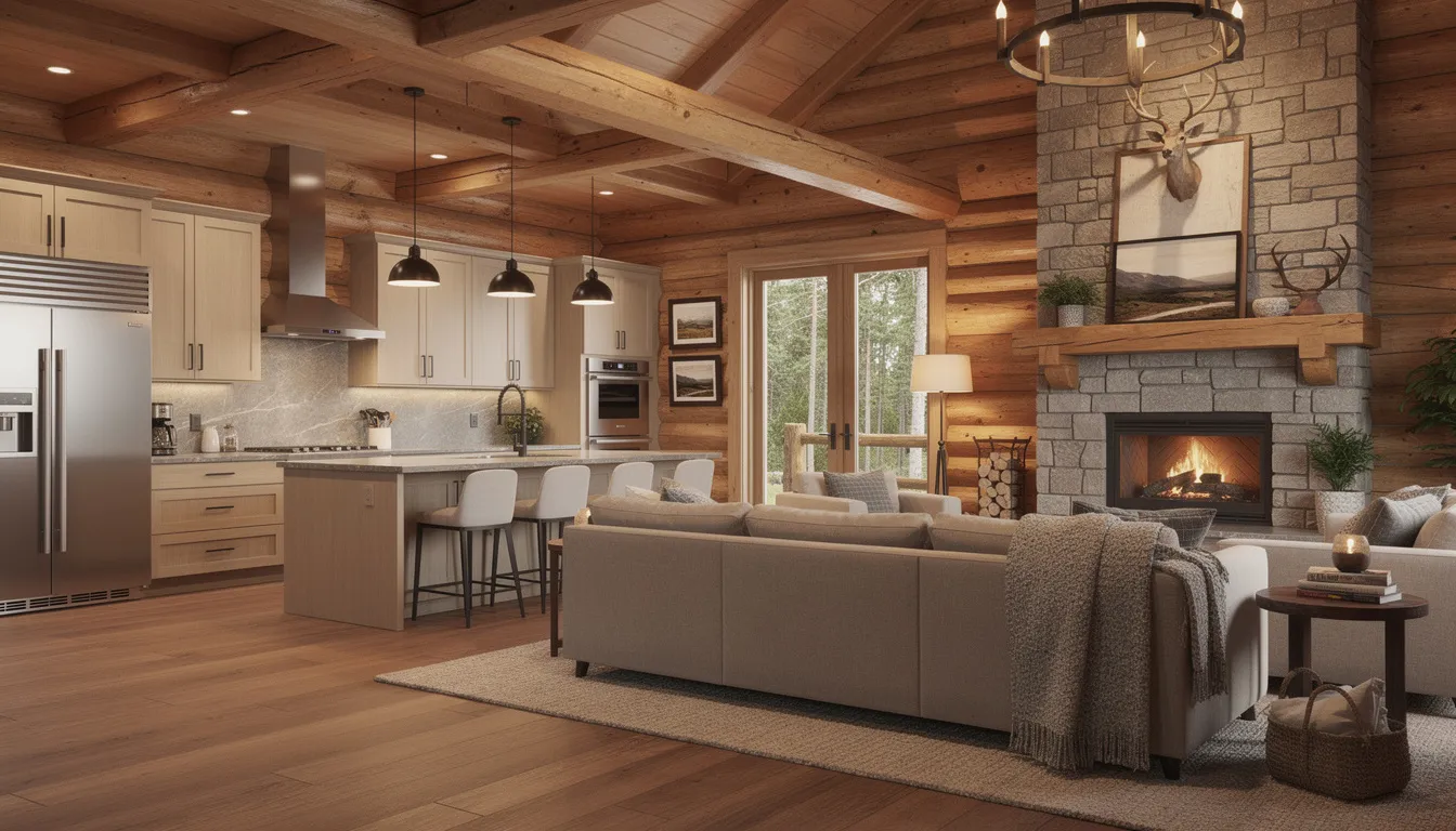 The image depicts the interior of a well-appointed log cabin featuring modern kitchen facilities and a cozy living area, perfect for guests looking to relax in a comfortable setting. This inviting space highlights the natural beauty of the surrounding area, making it an ideal accommodation for families and pets near Portrush's stunning coastline.