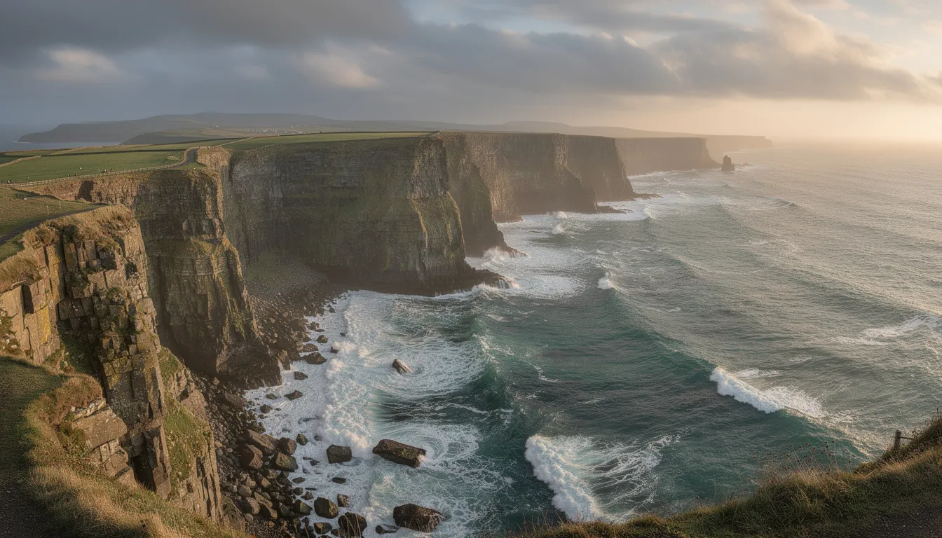 The image showcases a breathtaking panoramic view of the Portrush coastline, featuring dramatic cliffs that rise sharply from the Atlantic Ocean, with waves crashing against the rocks. This stunning landscape highlights the natural beauty of Northern Ireland's Causeway Coast, making it an ideal destination for visitors seeking holiday rentals near the iconic Giant's Causeway.