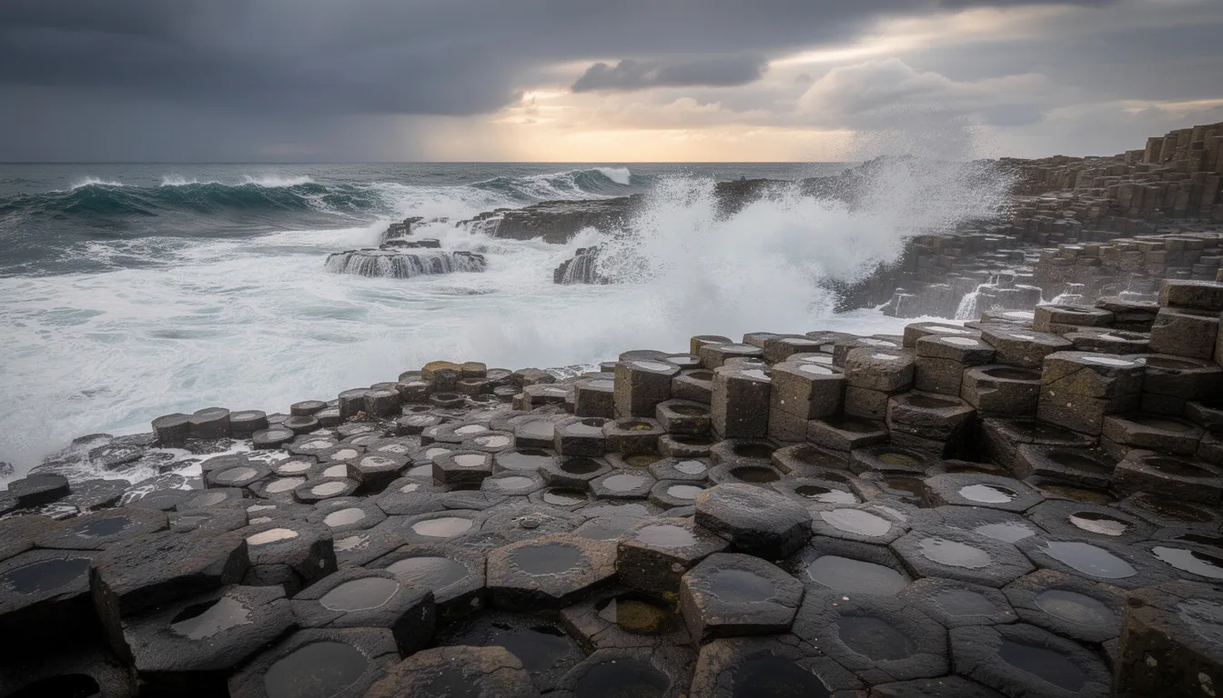 The image captures the dramatic view of the iconic Giant's Causeway, showcasing its unique hexagonal rock formations as powerful Atlantic waves crash against them. This UNESCO World Heritage site, located along the Causeway Coastal Route in Northern Ireland, offers stunning panoramic views that make it a popular choice for visitors exploring the north coast.