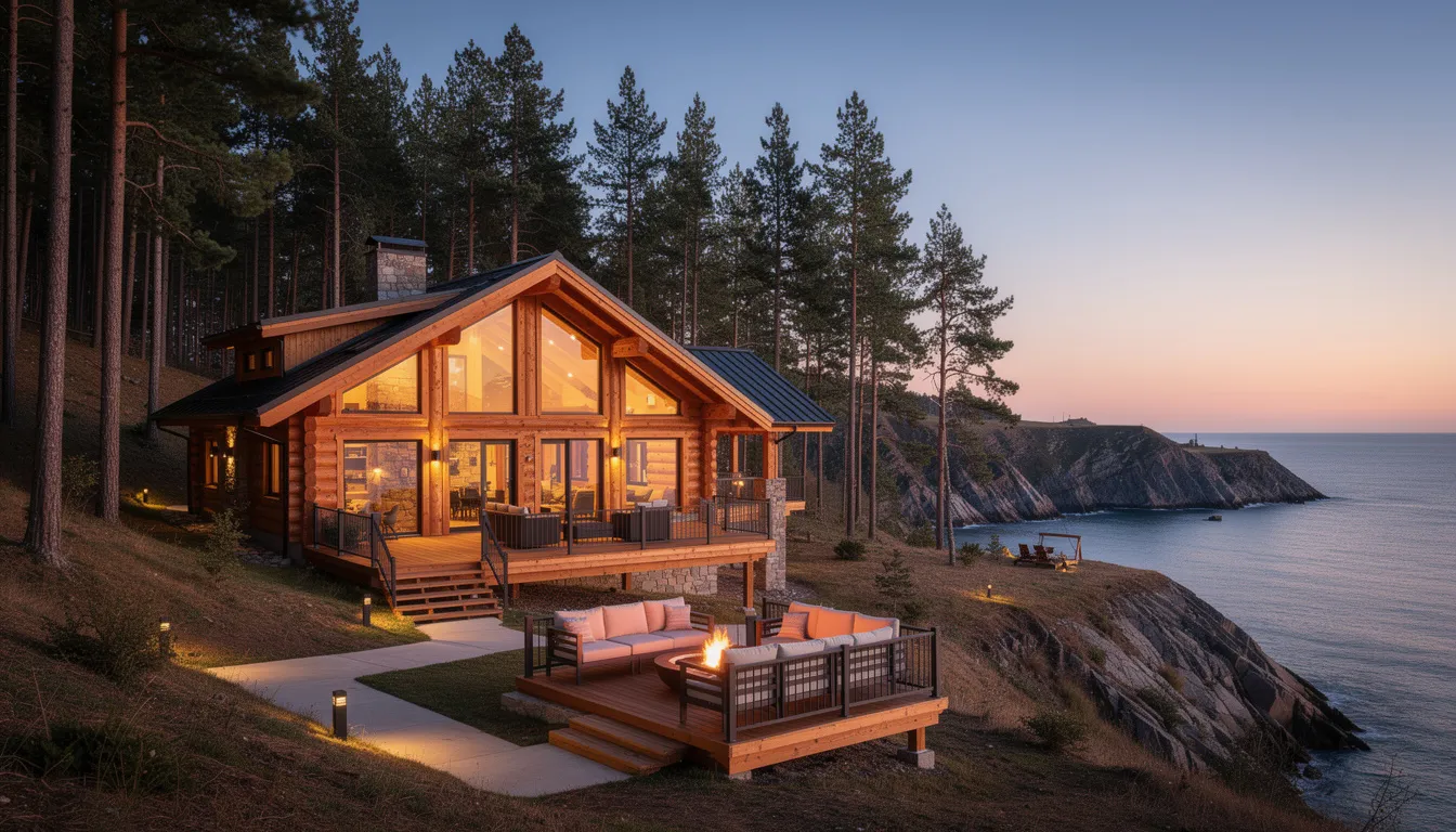 A luxurious log cabin is surrounded by tall pine trees, offering stunning coastal views in the background, perfect for relaxation. This pet-friendly accommodation features a private hot tub and is conveniently located near the attractions of Portrush, including the beautiful White Rocks Beach and the iconic Dunluce Castle.