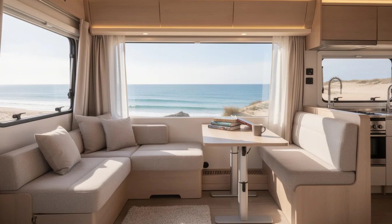 The image depicts a cozy motorhome interior featuring a comfortable living space, with a large window offering a stunning coastal view. This inviting setting is perfect for enjoying a quiet night while parked at a motorhome site near the beach, providing easy access to local attractions in Northern Ireland.