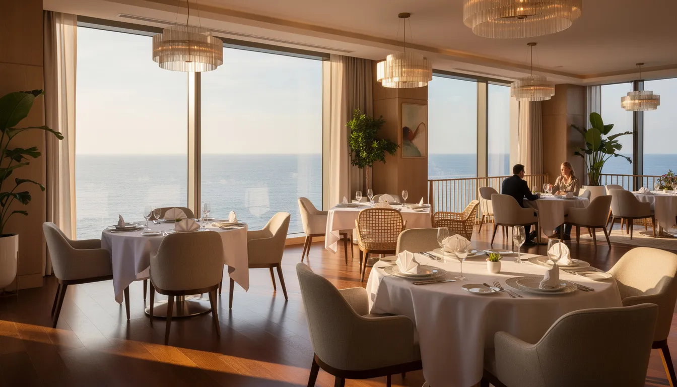 The image depicts an elegant hotel dining room with large windows showcasing stunning coastal views. Guests are seated at beautifully set tables, enjoying a delicious Sunday carvery meal that includes all the trimmings, while friendly staff serve an extensive selection of wines and desserts.