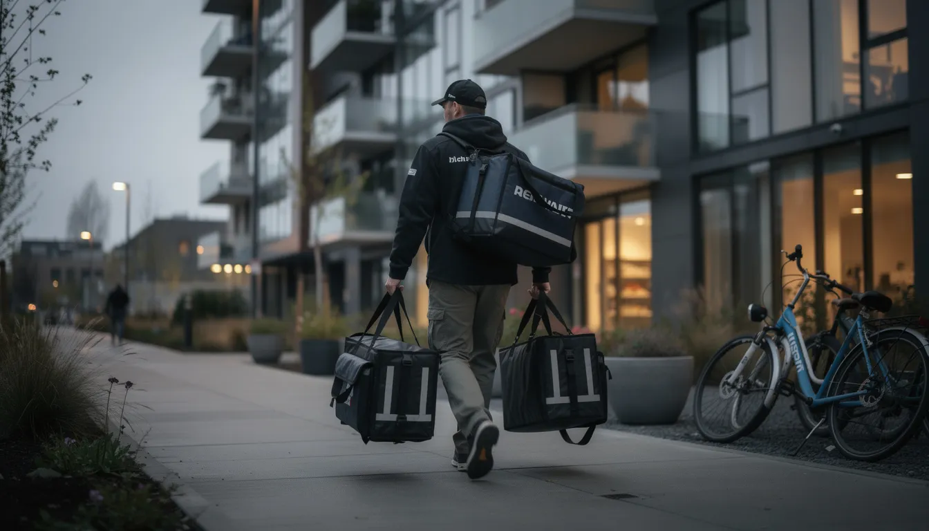 A delivery driver carrying insulated bags filled with food, including items like chicken tenders and bacon, is walking towards a sleek modern apartment building, ready to fulfill an online order. The scene captures the essence of convenience and late Sunday deliveries in a bustling urban environment.