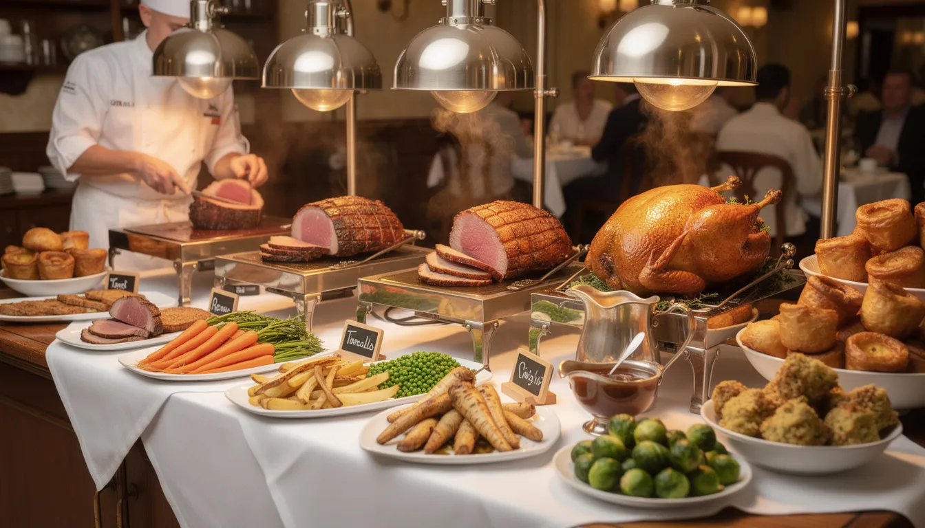 The image depicts a traditional Sunday carvery setup featuring an extensive selection of roasted meats accompanied by seasonal vegetables and all the trimmings, creating a warm and inviting atmosphere perfect for a special occasion or a relaxing Sunday lunch. Guests can enjoy great food and a complete menu, complemented by friendly staff ready to serve.