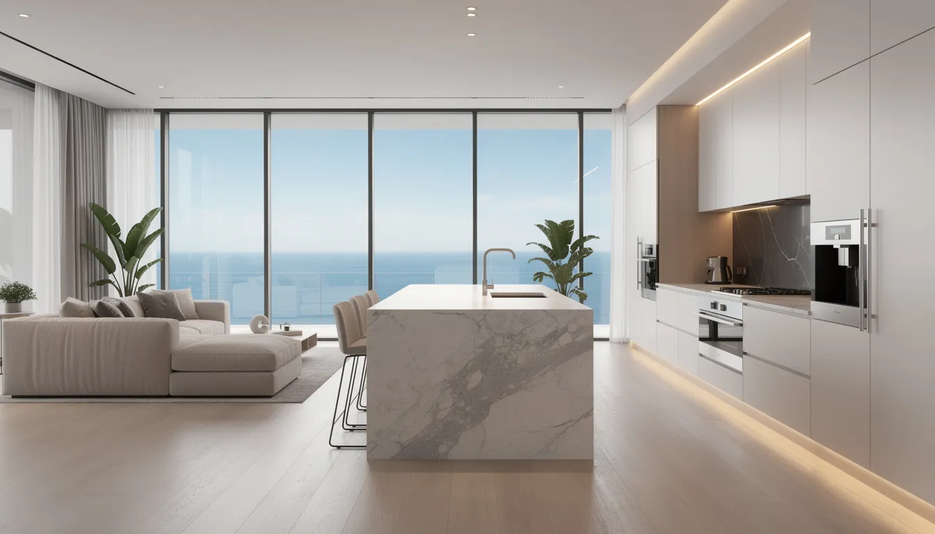 The image showcases the interior of a luxury vacation rental, featuring a modern, fully equipped kitchen and large windows that offer panoramic sea views. This perfect retreat in Portrush is ideal for families or groups, accommodating up to six guests, and is located near the stunning Causeway Coast and popular attractions like the iconic Giant's Causeway.