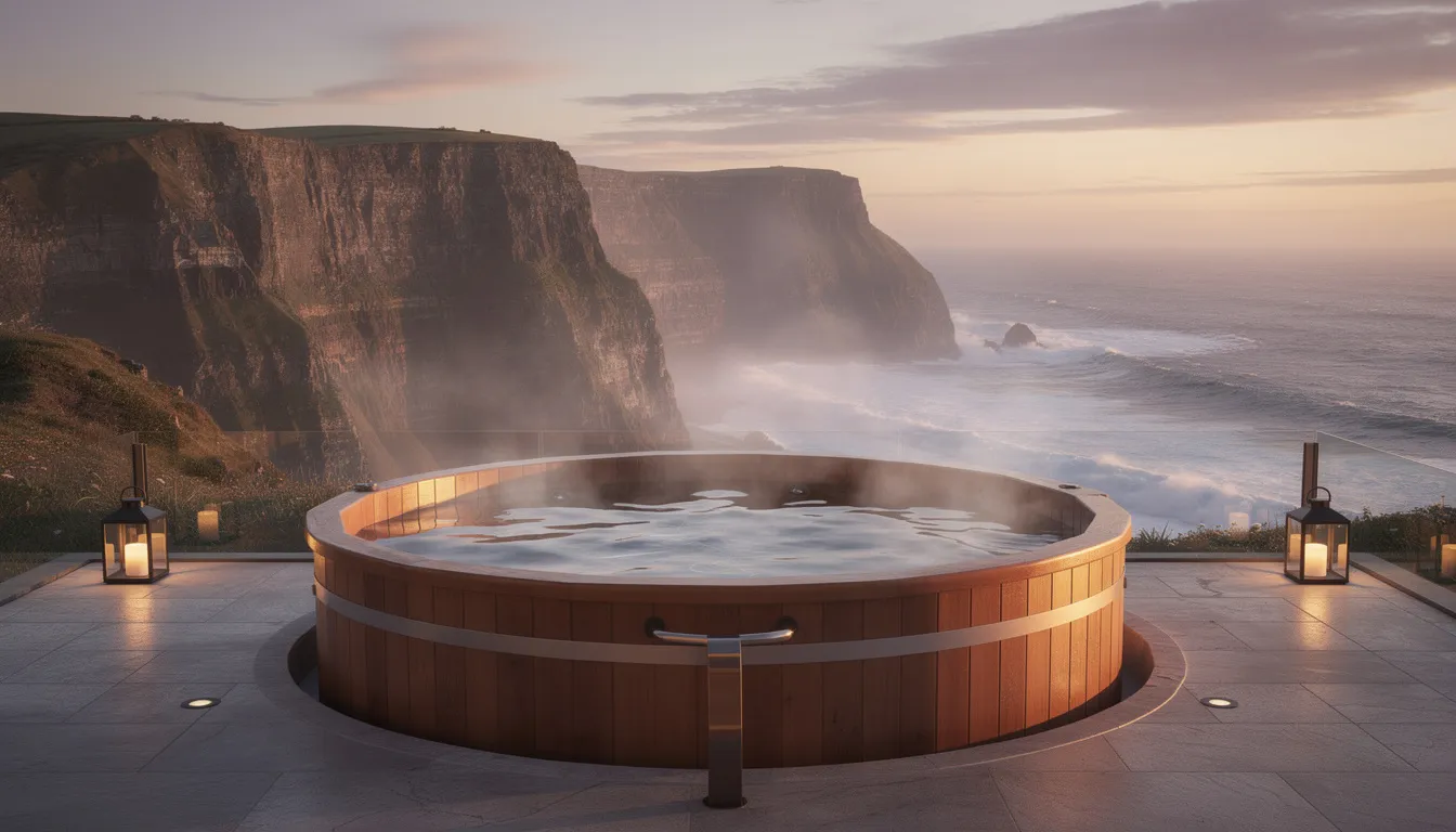 A private hot tub offers a stunning view of the ocean and dramatic coastal cliffs in the background, perfect for relaxation and enjoying the natural beauty of the Portrush north coast. This idyllic setting is ideal for guests looking to explore local attractions such as Dunluce Castle and White Rocks Beach.