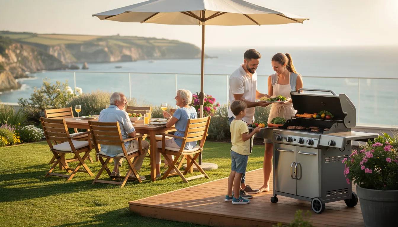 A family is enjoying a barbecue in a beautifully landscaped garden of a vacation rental, with panoramic coastal views in the background, perfect for relaxing and making memories. This ideal retreat in Portrush offers a spacious outdoor area, making it a popular choice for families visiting Northern Ireland's stunning Causeway Coast.