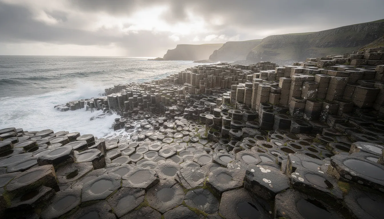 The image depicts the famous Giant's Causeway in Northern Ireland, showcasing its unique hexagonal basalt columns that extend into the Atlantic Ocean. Visitors can explore this natural wonder along the Causeway Coast, with nearby attractions such as Dunluce Castle and the Bushmills Distillery, making it a perfect spot for holiday parks and camping.