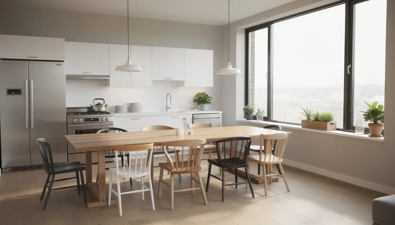 The image depicts a modern hostel kitchen featuring stainless steel appliances and a large communal dining table, with ample natural light streaming through large windows. This welcoming space is designed to enhance guest convenience, making it ideal for those staying at the Portrush holiday hostel while exploring the beautiful Causeway Coast in Northern Ireland.