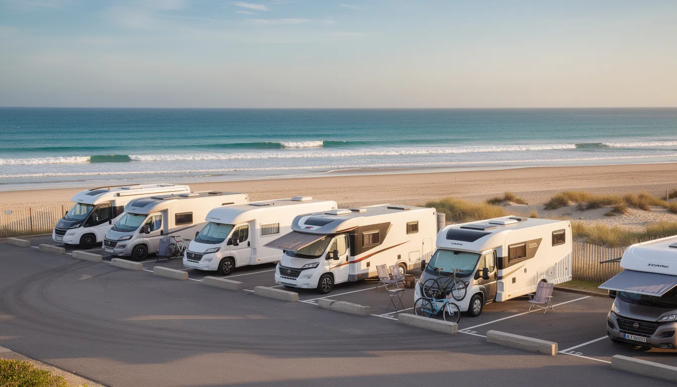 Several motorhomes are parked at a coastal parking area, with stunning views of the beach and the Causeway Coast in the background. This location offers day and overnight parking, providing easy access to nearby amenities and attractions, including the town centre and local restaurants.