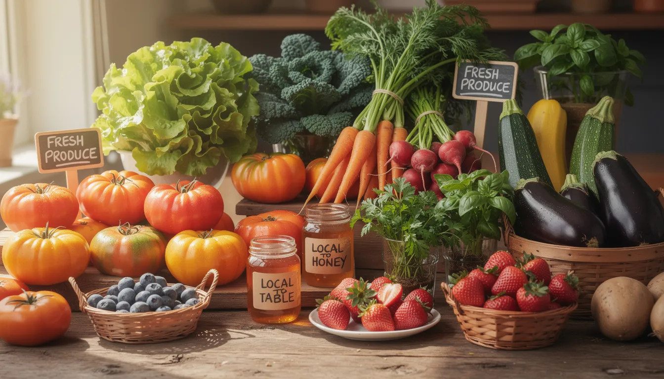 The image showcases a vibrant display of fresh local ingredients and produce, highlighting an extensive selection perfect for a Sunday carvery meal. This colorful arrangement reflects the commitment to great food and quality, inviting guests to enjoy a special occasion with all the trimmings.