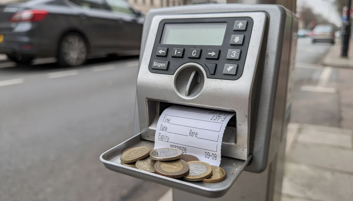 A close-up view of a pay and display machine, featuring coins and a parking ticket, which is used for day and overnight parking. This machine is likely located near the town centre of Portrush, providing access to various facilities for visitors, including motorhome parking options.
