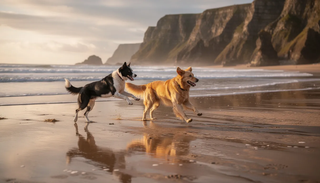 Two playful dogs are frolicking on a sandy beach, with dramatic coastal cliffs rising in the background, showcasing the stunning coastline of Portrush. This picturesque scene captures the natural beauty of the area, inviting visitors to explore the nearby attractions and enjoy a relaxing holiday by the sea.