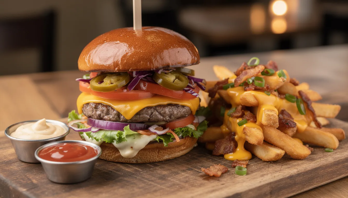 A gourmet burger topped with melted cheese, crispy bacon, and fresh vegetables is served alongside loaded fries drizzled with gravy, all beautifully arranged on a rustic wooden serving board, perfect for online ordering or delivery. This mouthwatering dish is ideal for a Sunday treat or a late-night snack.