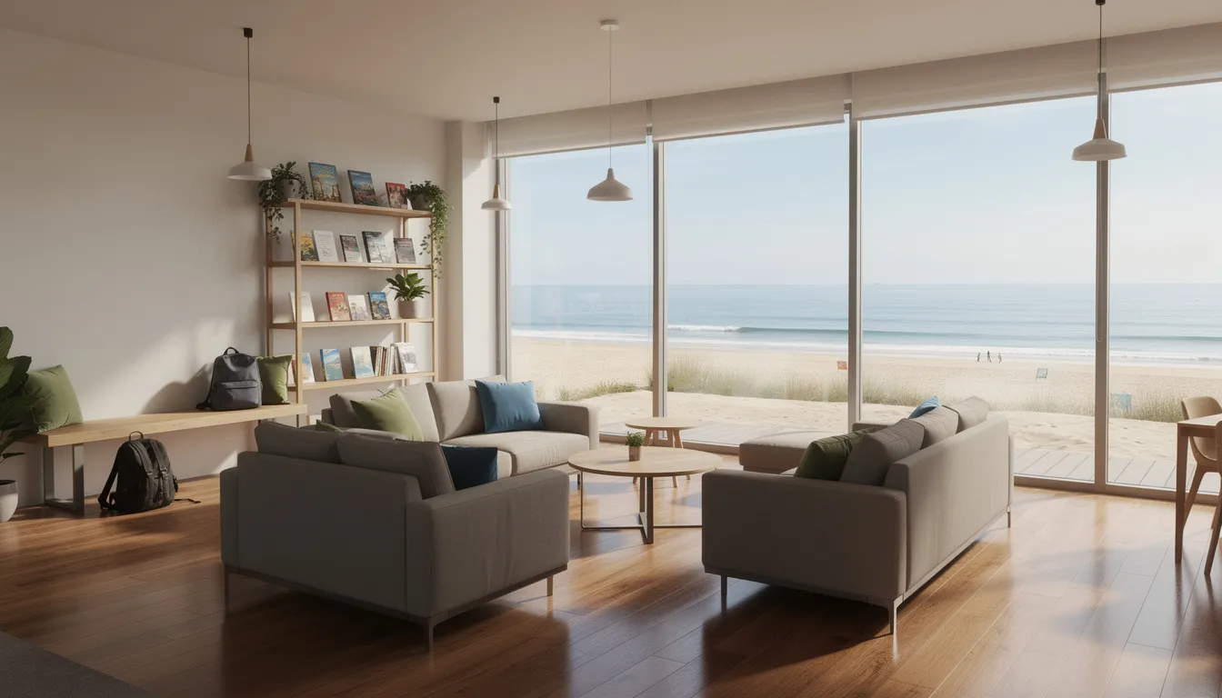 The image shows a modern hostel common area featuring comfortable seating arrangements, wooden floors, and large windows that provide a stunning view of the coastal zone. This relaxed atmosphere enhances guest convenience, making it an inviting space for visitors to unwind and socialize while enjoying the amenities of Portrush.