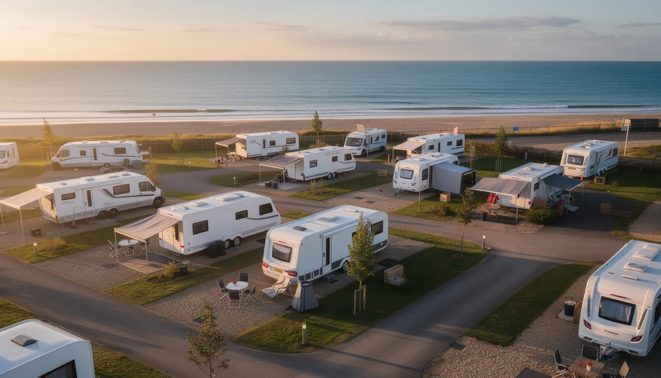 An aerial view of a coastal motorhome park in Northern Ireland shows multiple vans parked in designated bays, with the stunning sea in the background. The park offers facilities such as fresh water, grey water disposal, and easy access to the beach, making it an ideal spot for day and overnight parking near the town centre of Portrush.